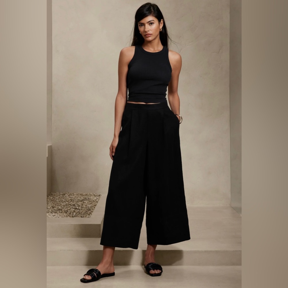 Banana Republic LINEN-BLEND CROPPED WIDE-LEG PANT Black Size Large NWT $70